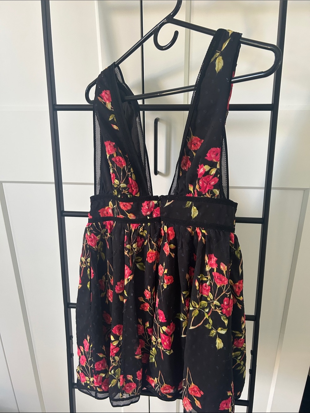 NBD Black Floral Dress with Pink Roses and Green Leaves